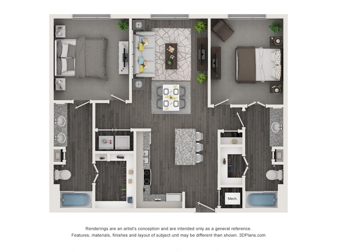Floor plan for 2 beds, 2 baths, 1089 sqft